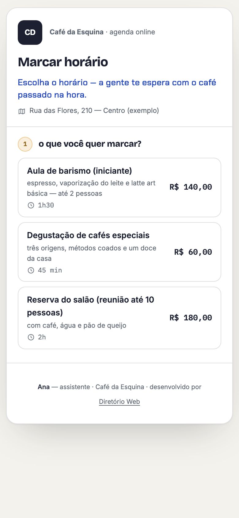 A página de agendar — o cliente marca sozinho, pelo celular