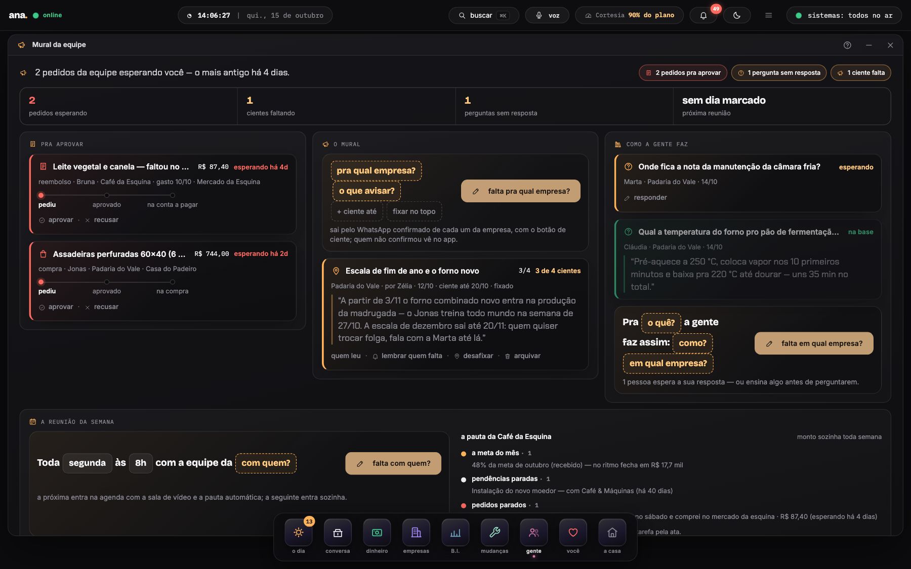 Mural da equipe — comunicado com “ciente” e reembolso pela foto do recibo