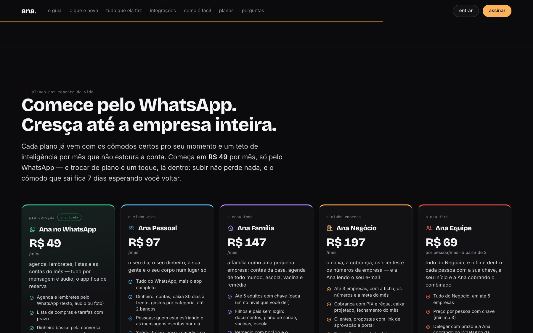 Os planos — por momento de vida, a partir de R$ 49 no WhatsApp
