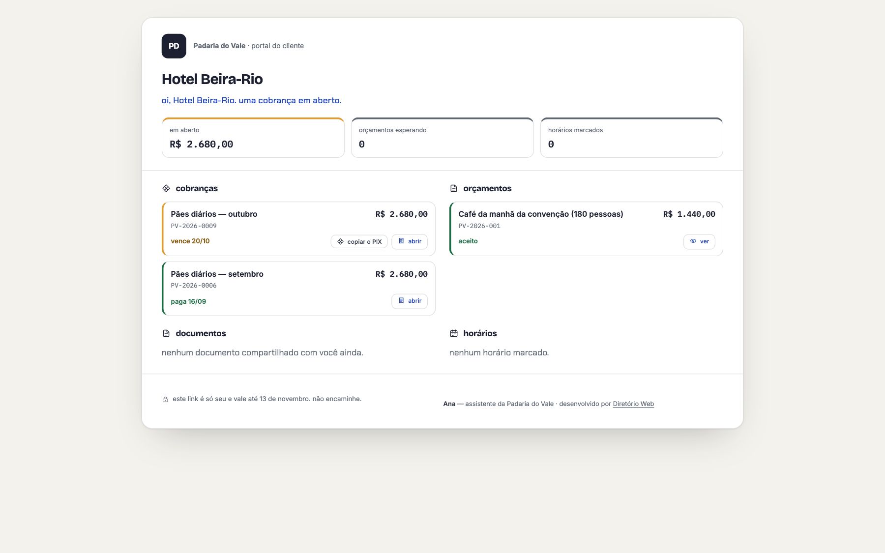 Portal do cliente — cobranças, orçamentos e horários num link só