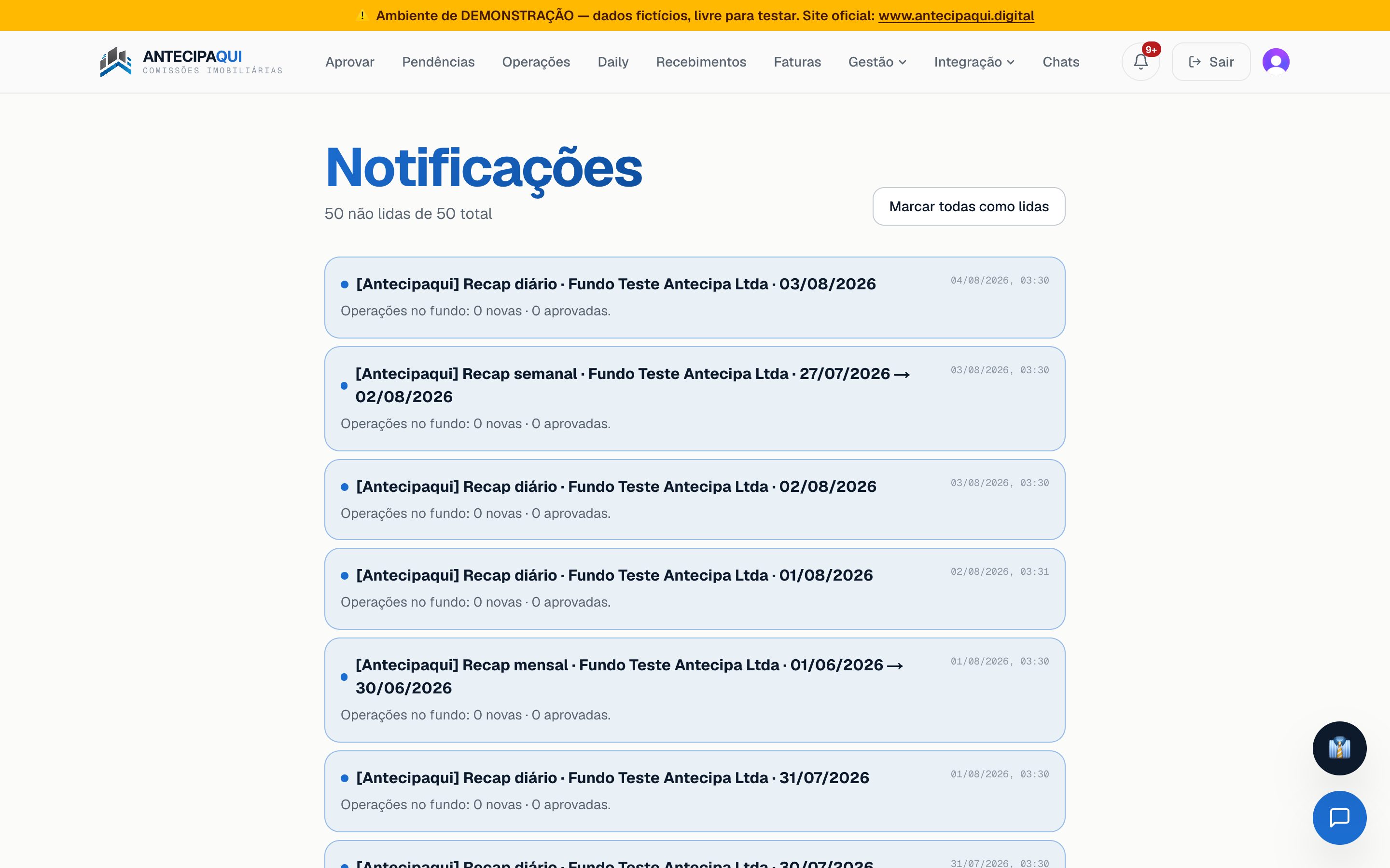 Notificações da operação