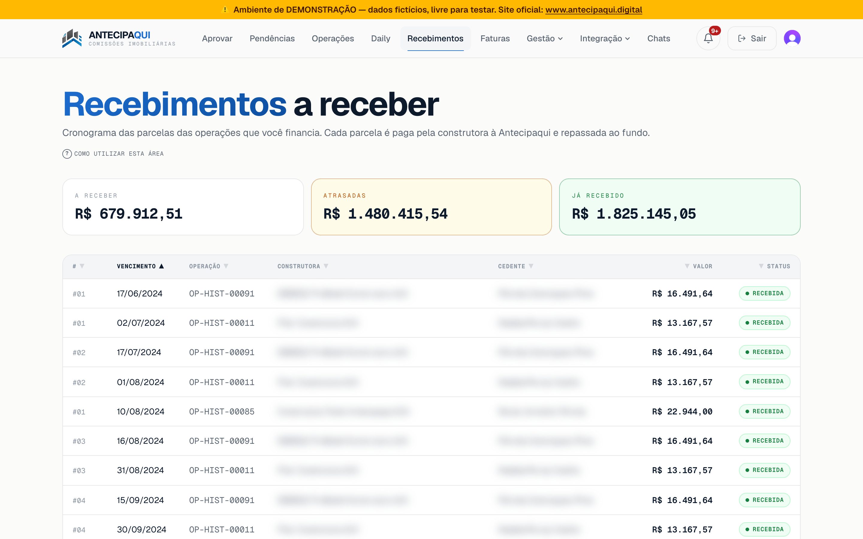Recebimentos — cada parcela paga pela construtora e repassada ao fundo