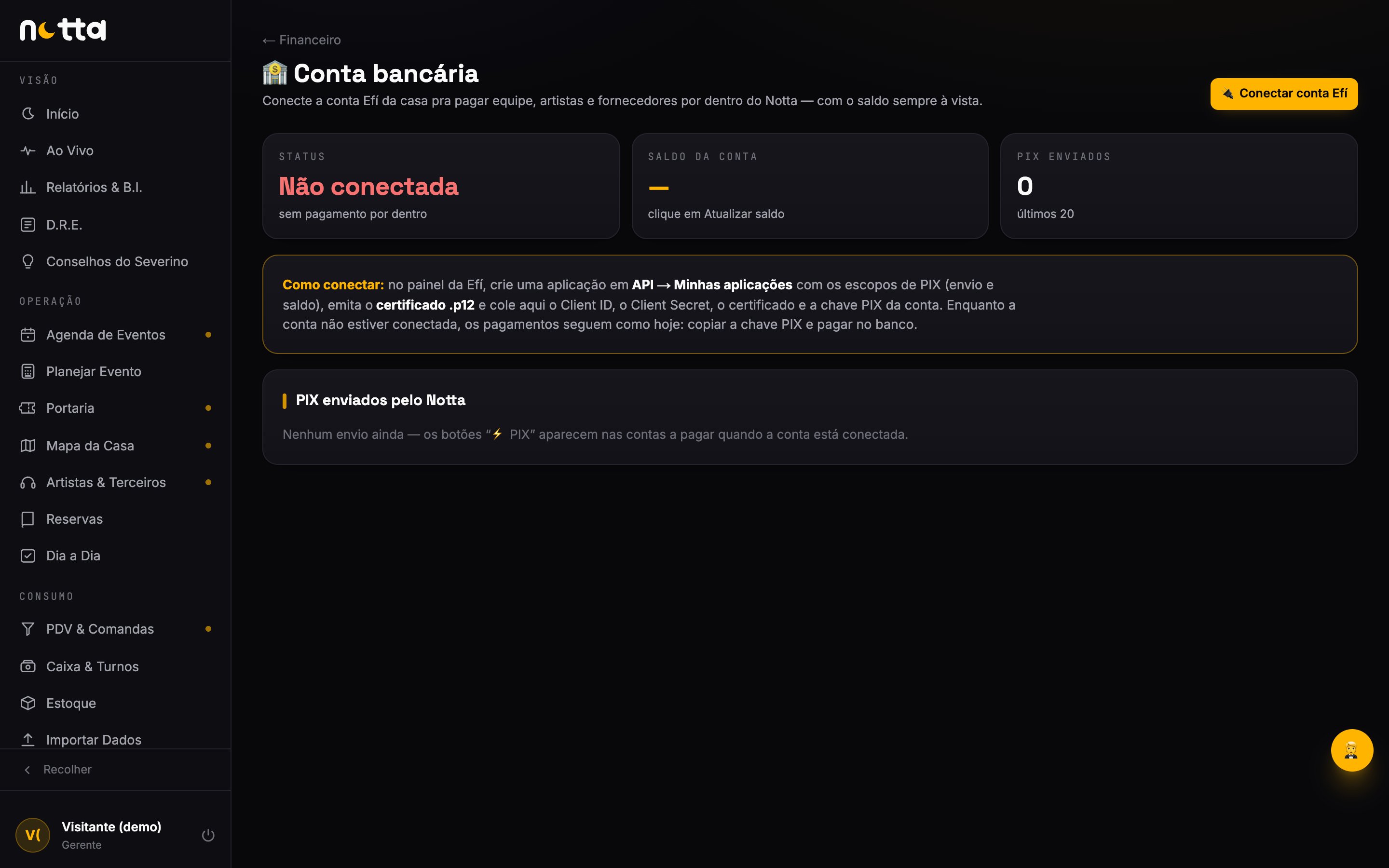 Conta bancária conectada (Efí) — saldo sempre à vista e PIX pago de dentro do sistema