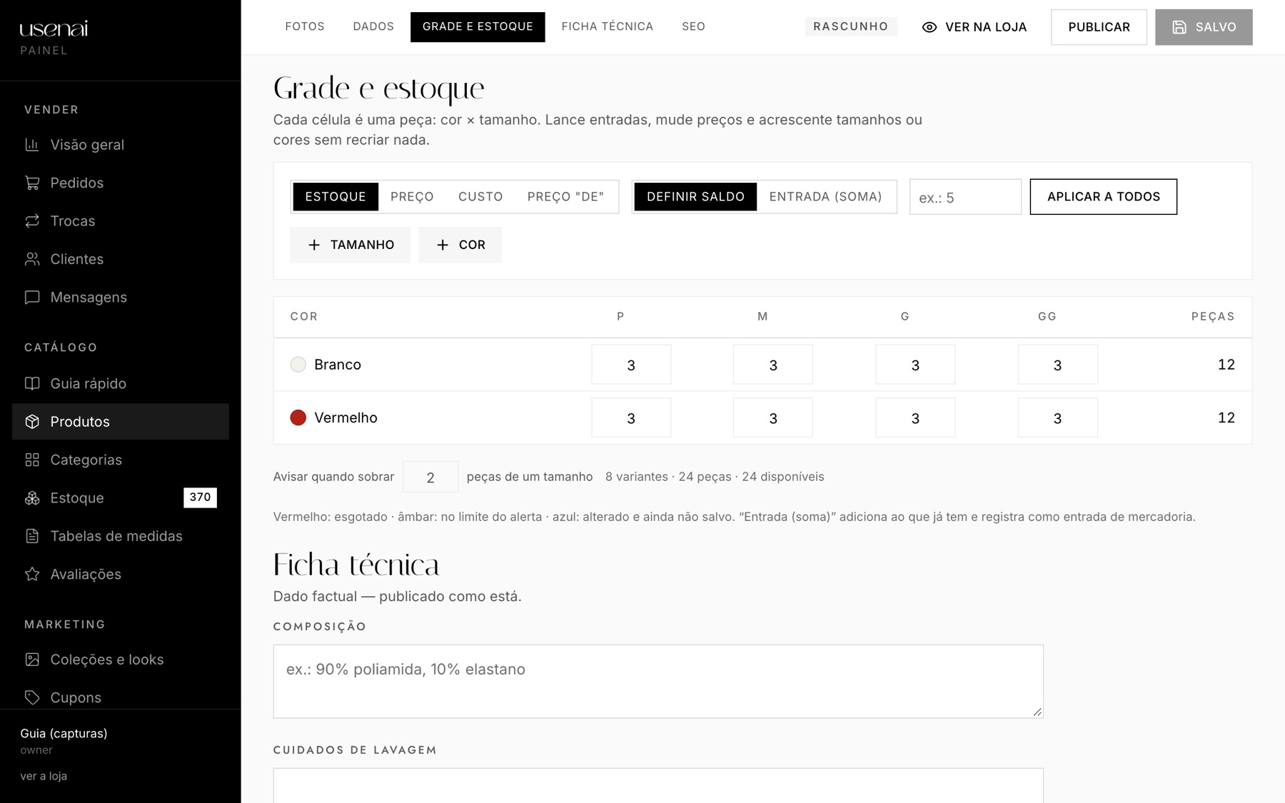 Estoque por cor e tamanho — a mercadoria que chega soma ao que já tem