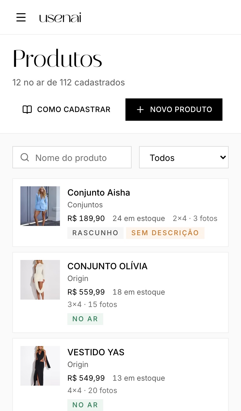 Lista de produtos em cartões no celular, com filtro de peças sem foto